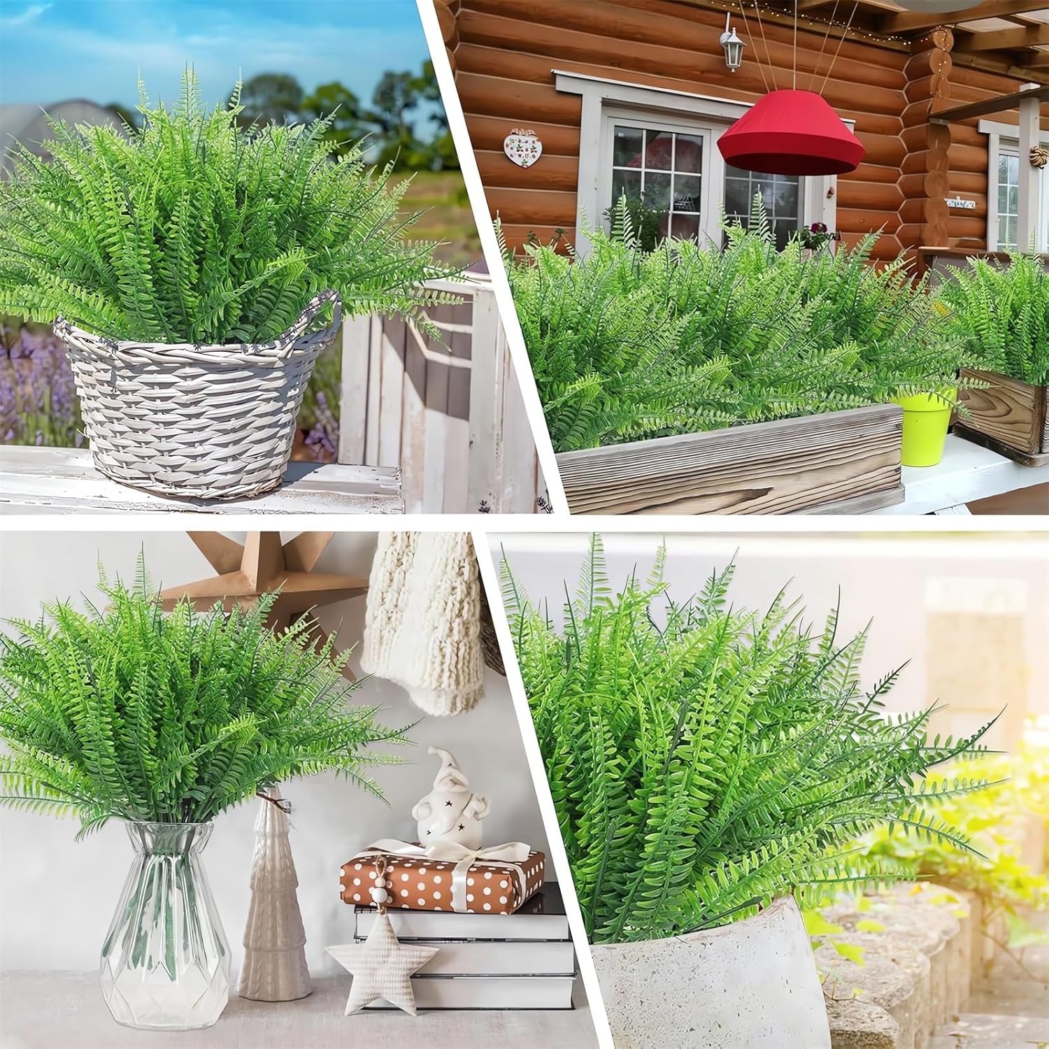 UV Resistant Lifelike Artificial Boston Fern - 2024 New Faux Boston Ferns Outdoor Planter Large, Realistic Fake Feen Hanging Silk Fern Stems Indoor Basket Plant Urn Fillers Front Porch (2, Green)